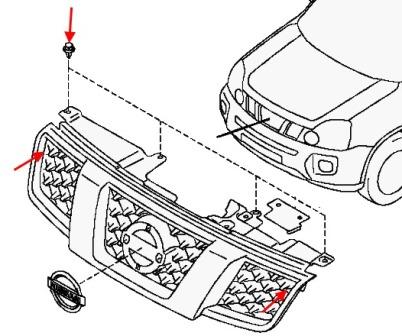 крепление решетки радиатора Nissan X-Trail T31 (после 2007 года)