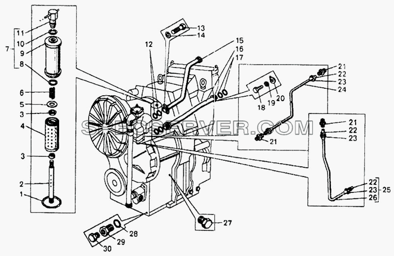 Гидромеханическая передача (фильтр тонкой очистки и трубопроводы тормоза-замедлителя) для БелАЗ-7548А (список запасных частей)