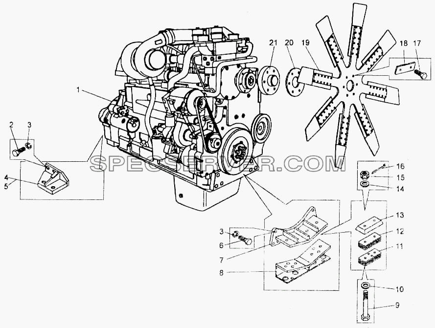 Двигатель с кронштейнами для БелАЗ-7555A (список запасных частей)
