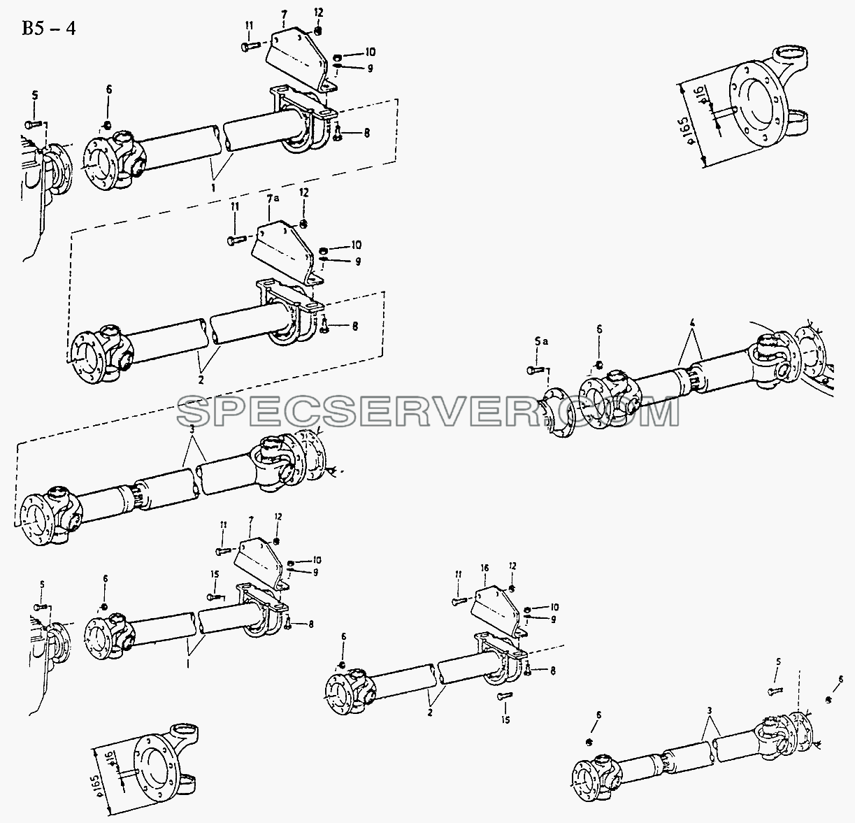 6x4, 8x4 PROPELLER SHAFTS FOR LONG WHEEL BASE 336/O38/8x4 (Fuller gearbox) (B5-4-3) для Sinotruck (полного) (список запасных частей)