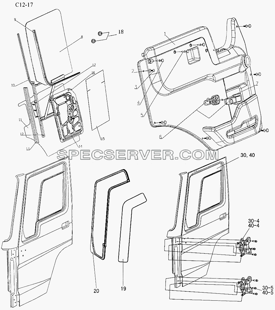 DOOR, GLASS AND FITTINGS (C12-17) для Sinotruk 4x2 Tractor (371) (список запасных частей)