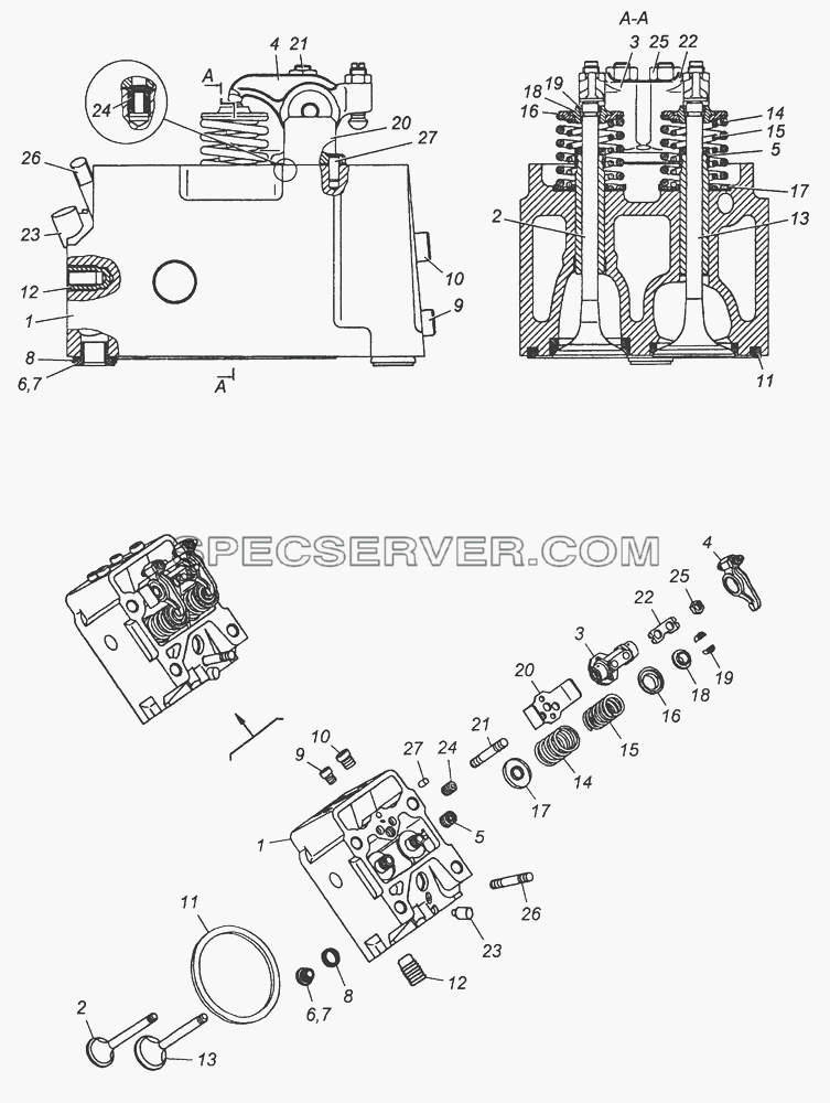 740.30-1003010 Головка цилиндра с клапанами и стойкой коромысел для КамАЗ-43501 (4х4) (список запасных частей)