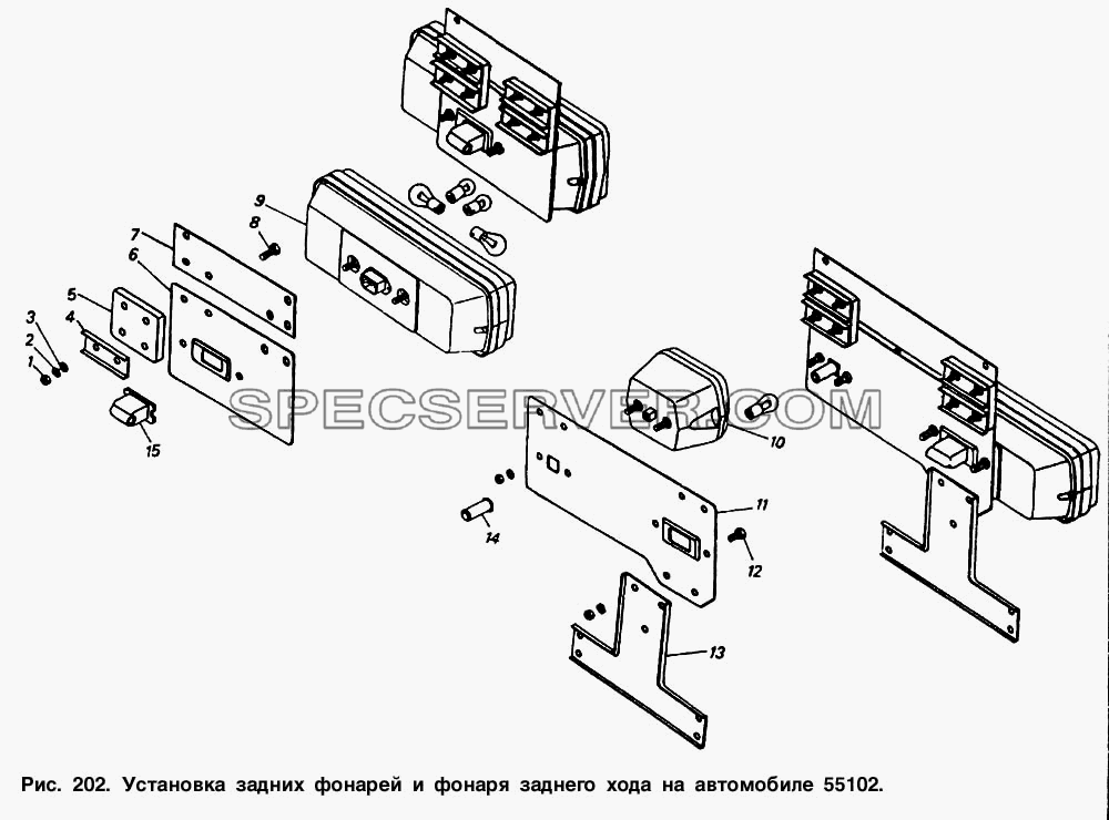 Установка задних фонарей и фонаря заднего хода на автомобиле 55102 для КамАЗ-55102 (список запасных частей)