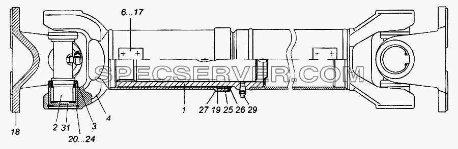 Вал карданный промежуточного моста в сборе для КамАЗ-6540 (список запасных частей)