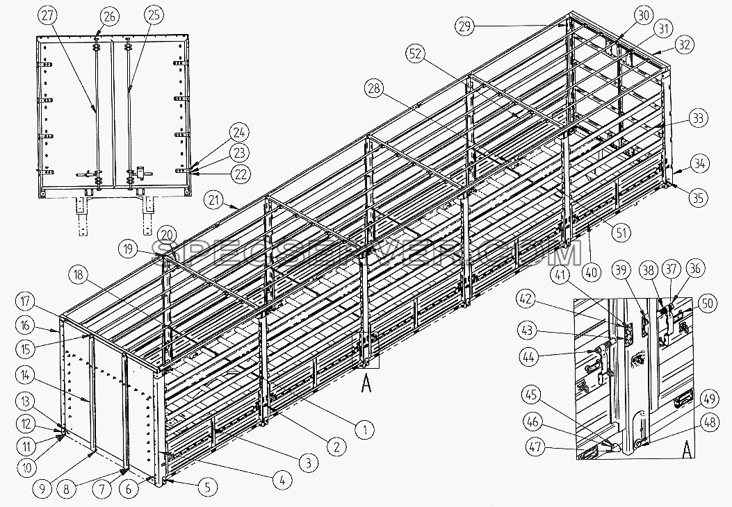 Платформа с каркасом тента, передней стенкой и задними дверьми для СЗАПА-9327 (2005) (список запасных частей)