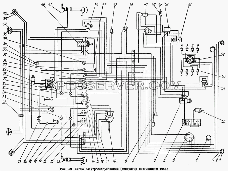 Схема электрооборудования (генератор постоянного тока) для КАЗ 608 (список запасных частей)