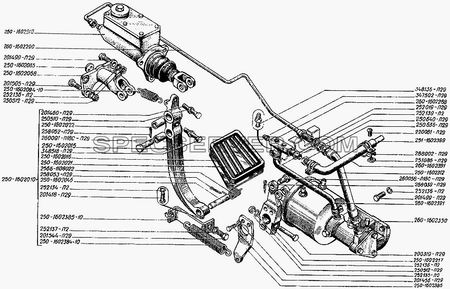 Привод управления сцеплением для КрАЗ-250 (список запасных частей)