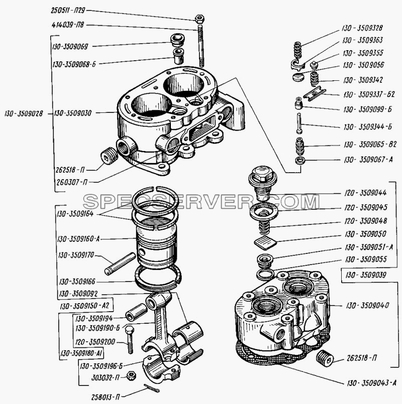 Головка и блок цилиндров компрессора для КрАЗ-255 (список запасных частей)
