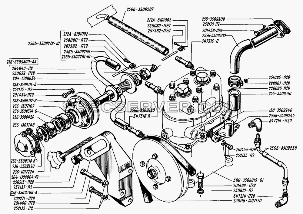 Установка и привод компрессора для КрАЗ-255 (список запасных частей)