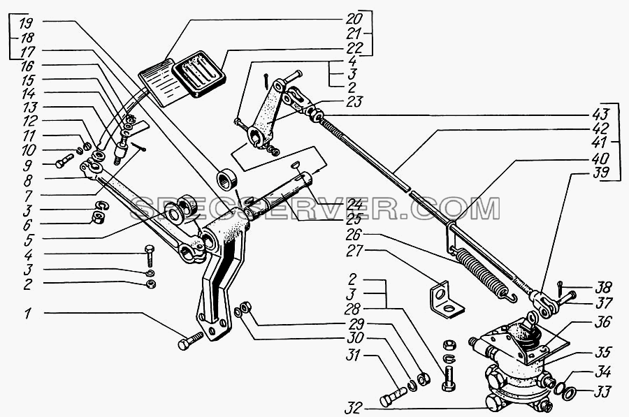 Педаль тормозная и привод управления двухсекционным тормозным краном для КрАЗ-63221 (список запасных частей)