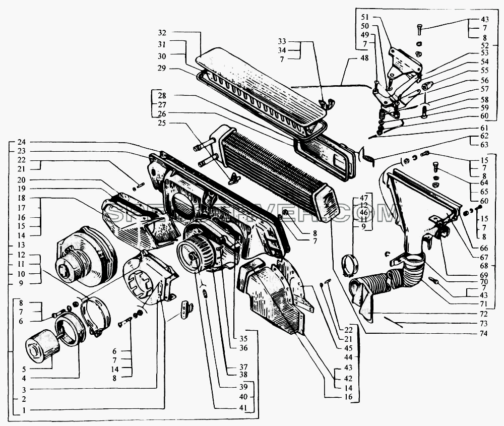 Отопитель кабины. Обогреватель ветровых стекол для КрАЗ-6443 (списка 2004 г) (список запасных частей)