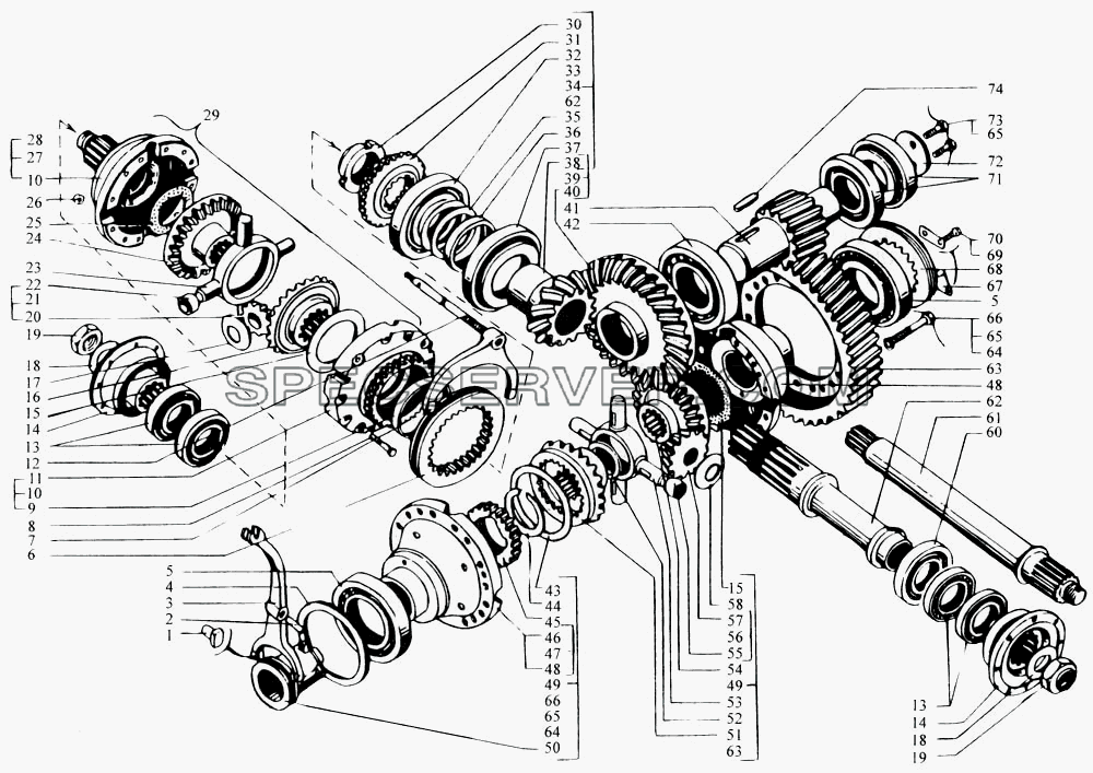Редуктор главной передачи среднего моста (валы и шестерни) для КрАЗ-6443 (списка 2004 г) (список запасных частей)