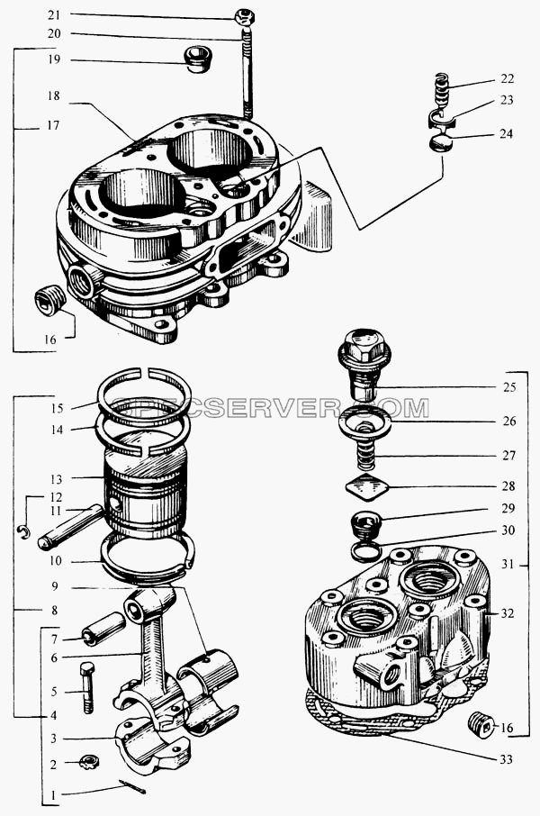 Головка и блок цилиндров компрессора для КрАЗ-6443 (списка 2004 г) (список запасных частей)