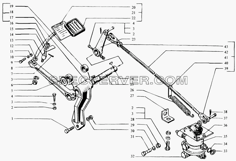 Педаль тормозная и привод управления двухсекционным тормозным краном для КрАЗ-6443 (списка 2004 г) (список запасных частей)