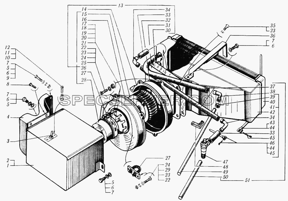 Отопитель кабины дополнительный и шланги для КрАЗ-6510 (список запасных частей)