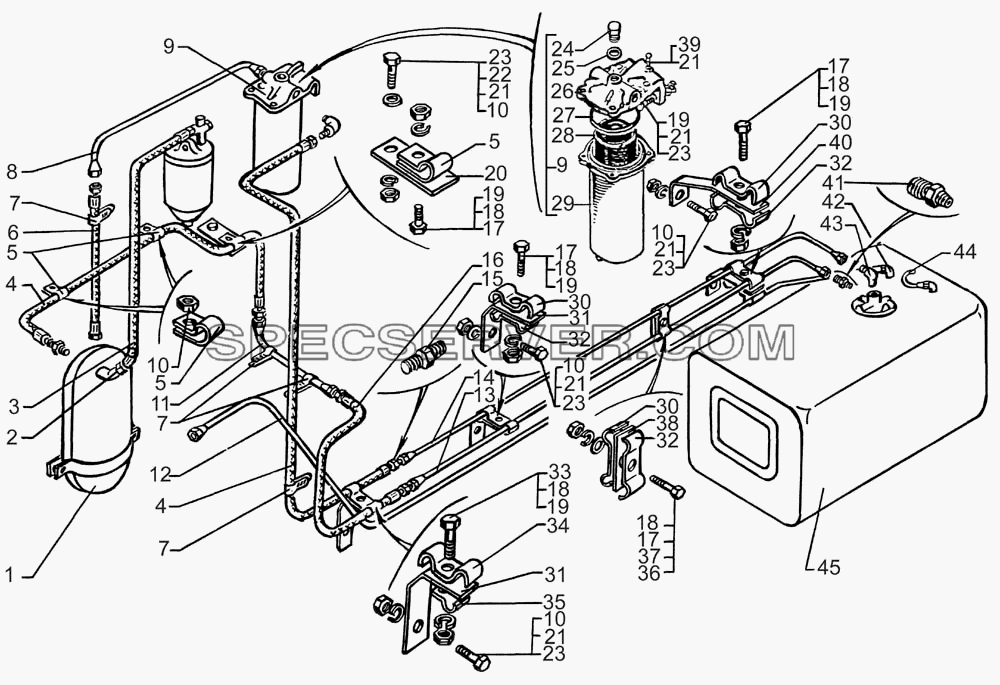 Установка топливного бака и монтаж топливопроводов для КрАЗ-7133H4 (список запасных частей)