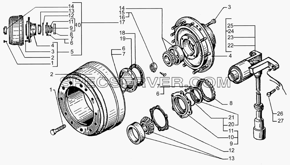 Ступица переднего колеса с тормозным барабаном для КрАЗ-7133С4 (список запасных частей)