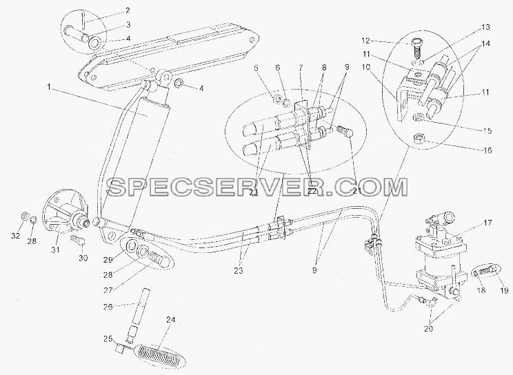 Механизм подъёма кабины для МЗКТ-7401 (список запасных частей)