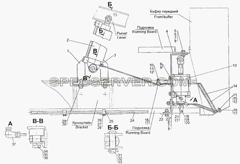 Механизм подъёма кабины для МЗКТ-74296 (список запасных частей)