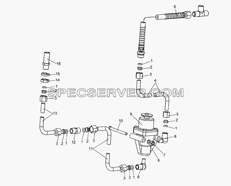 Присоединительная арматура и крепление клапана-ограничителя для МЗКТ-74296 (список запасных частей)