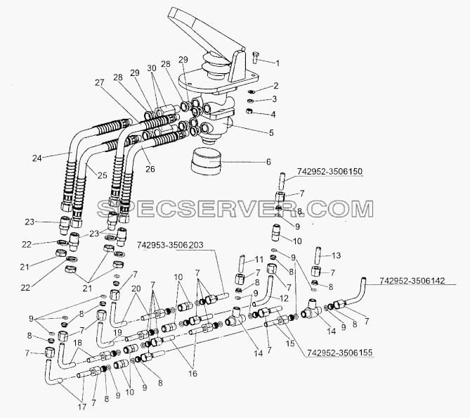 Установка тормозного крана для МЗКТ-74296 (список запасных частей)