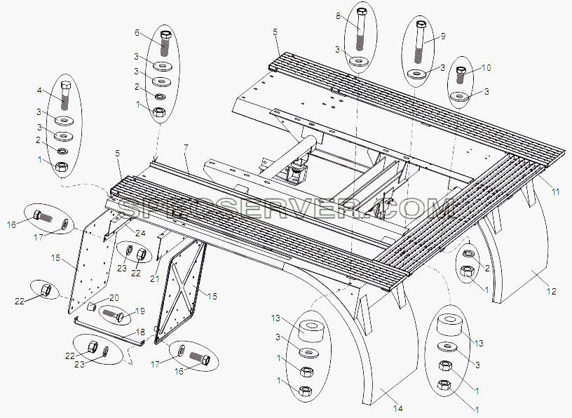 Установка задних крыльев и подножек для МЗКТ-79091 (список запасных частей)