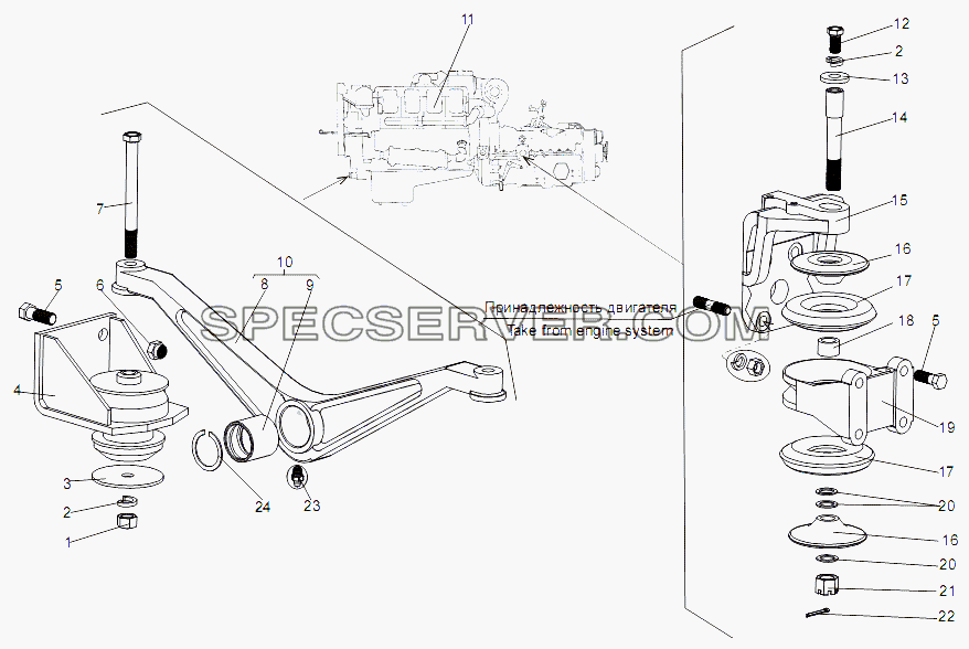 Установка двигателя для МЗКТ-79096 (список запасных частей)
