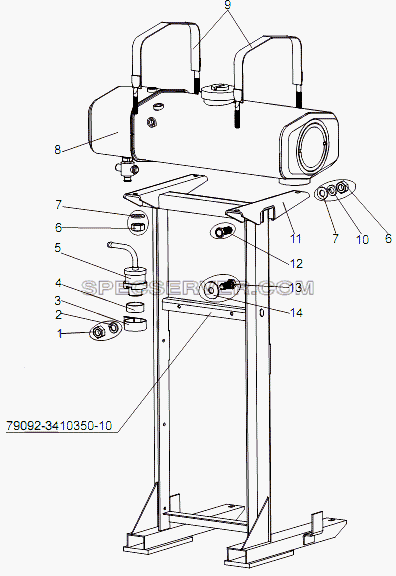 Установка бачка расширительного и редукционного клапана для МЗКТ-79096 (список запасных частей)