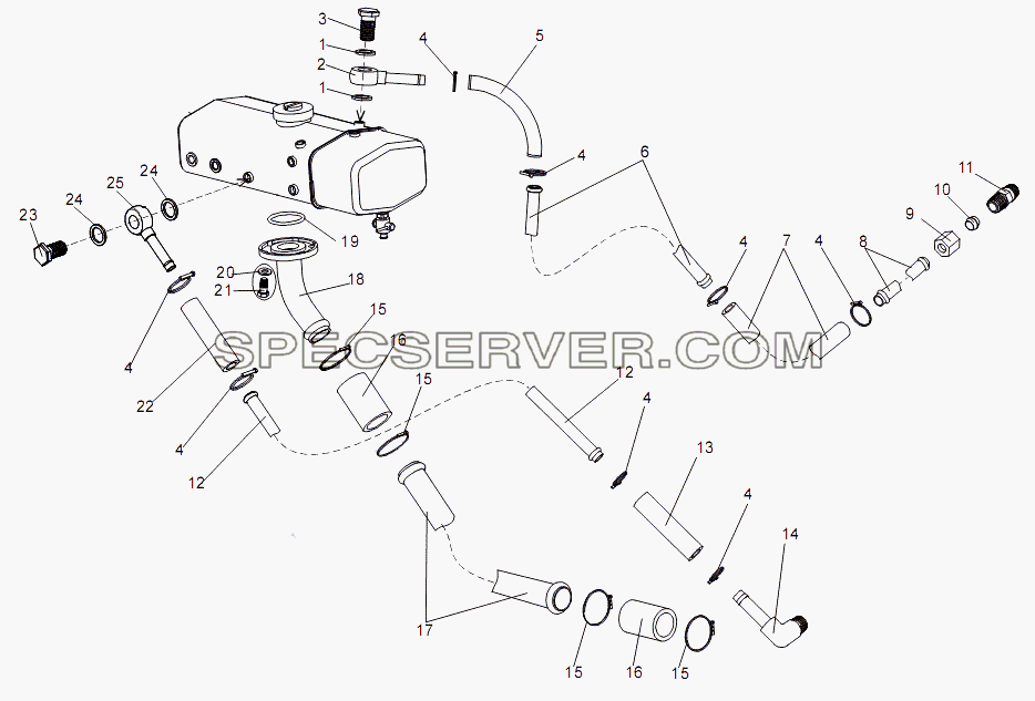 Подсоединение трубопроводов к расширительному бачку для МЗКТ-7930-200 (список запасных частей)