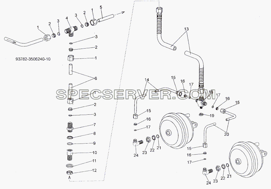 Присоединительная арматура к передним левым тормозным камерам для МЗКТ-93782 (список запасных частей)