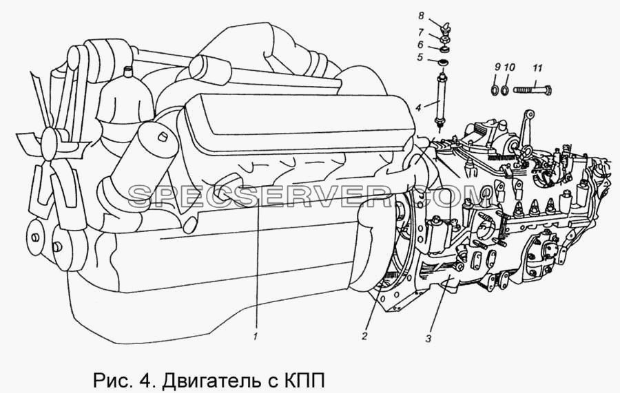 Двигатель с КПП для КПП МАЗ-543205-070 (список запасных частей)