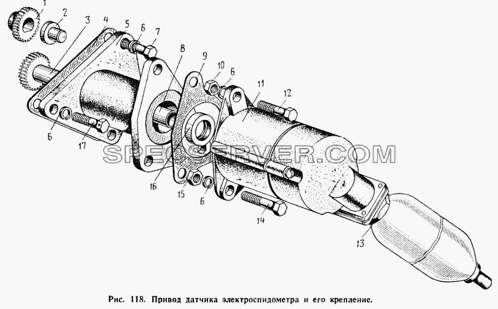 Привод датчика электроспидометра и его крепление для МАЗ-500А (список запасных частей)