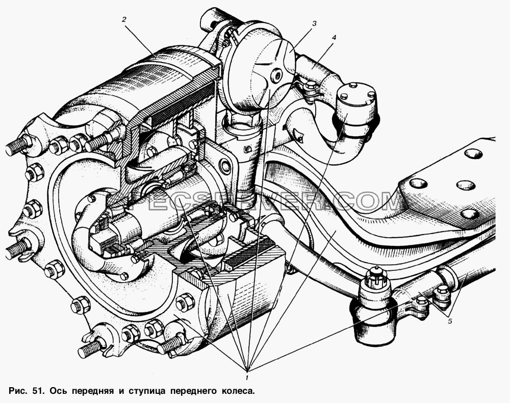 Ось передняя и ступица переднего колеса для МАЗ-53363 (список запасных частей)
