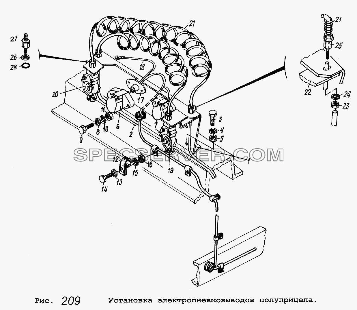 Установка электропневмовыводов полуприцепа для МАЗ-5337 (список запасных частей)