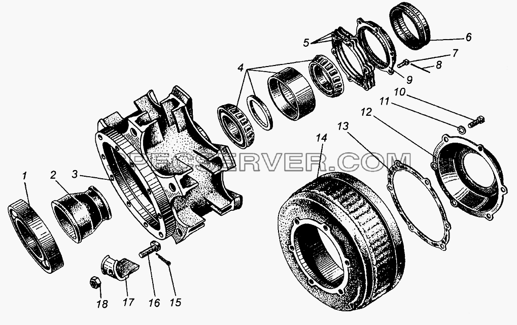 Ступица и тормозной барабан заднего колеса для МАЗ-5429 (список запасных частей)