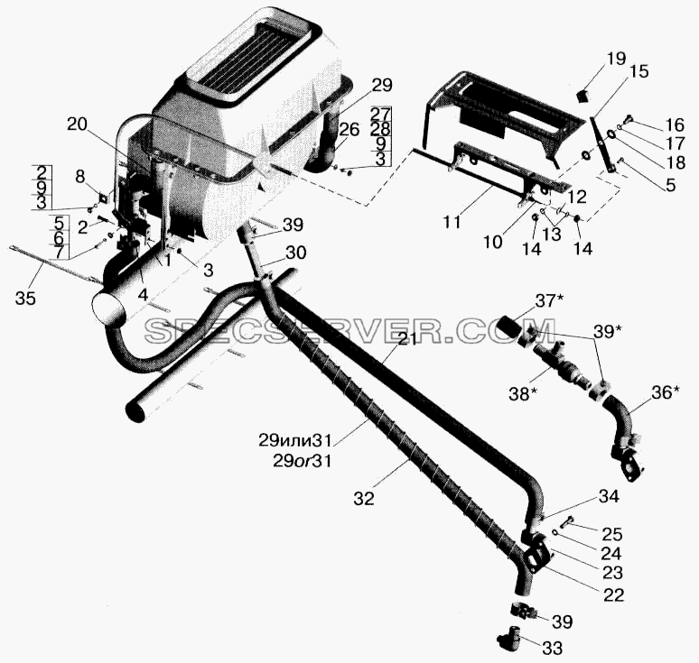 Установка шлангов и крана управления отопителем для МАЗ-543202 (список запасных частей)