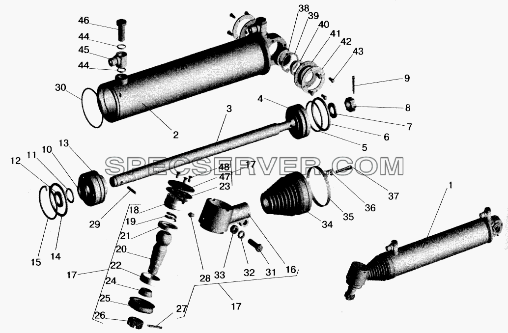 Силовой цилиндр гидроусилителя рулевого управления для МАЗ-543202 (список запасных частей)