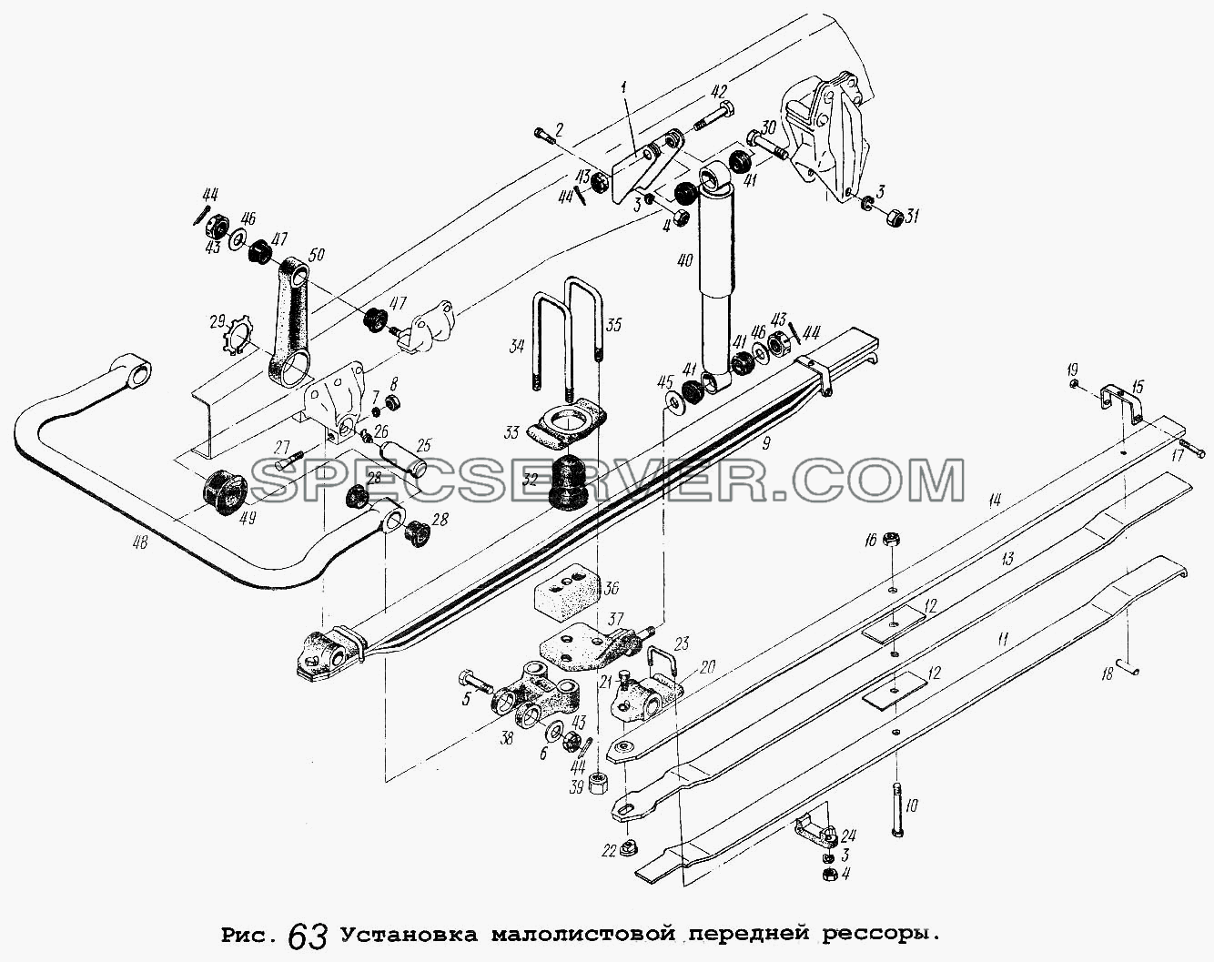 Установка малолистовой передней рессоры для МАЗ-54323 (список запасных частей)