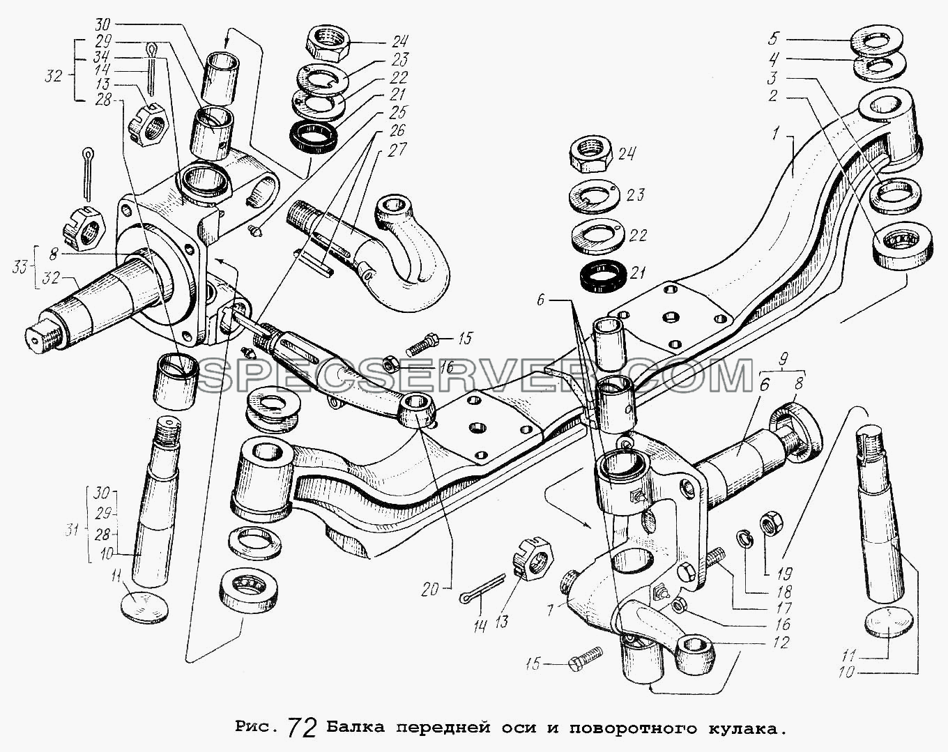 Балка передней оси и поворотного кулака для МАЗ-5516 (список запасных частей)