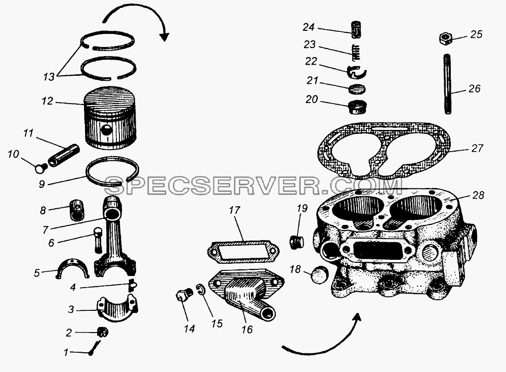Блок цилиндров, поршни и шатуны компрессора для МАЗ-5549 (список запасных частей)