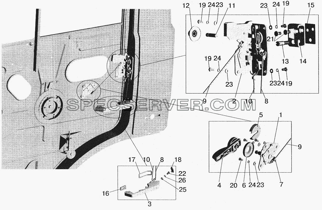 Установка наружной ручки и замка двери для МАЗ-5551 (2003) (список запасных частей)
