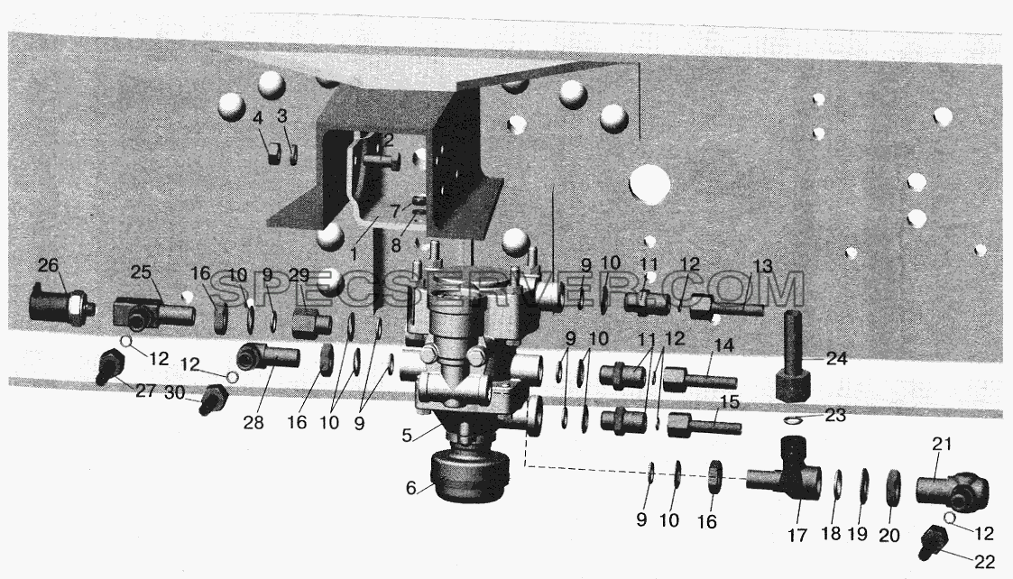 Установка клапана прицепа и присоединительной арматуры МАЗ-543203, 543202 для МАЗ-5551 (2003) (список запасных частей)