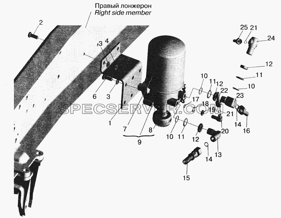 Установка осушителя воздуха и присоединительной арматуры МАЗ-555102 для МАЗ-5551 (2003) (список запасных частей)