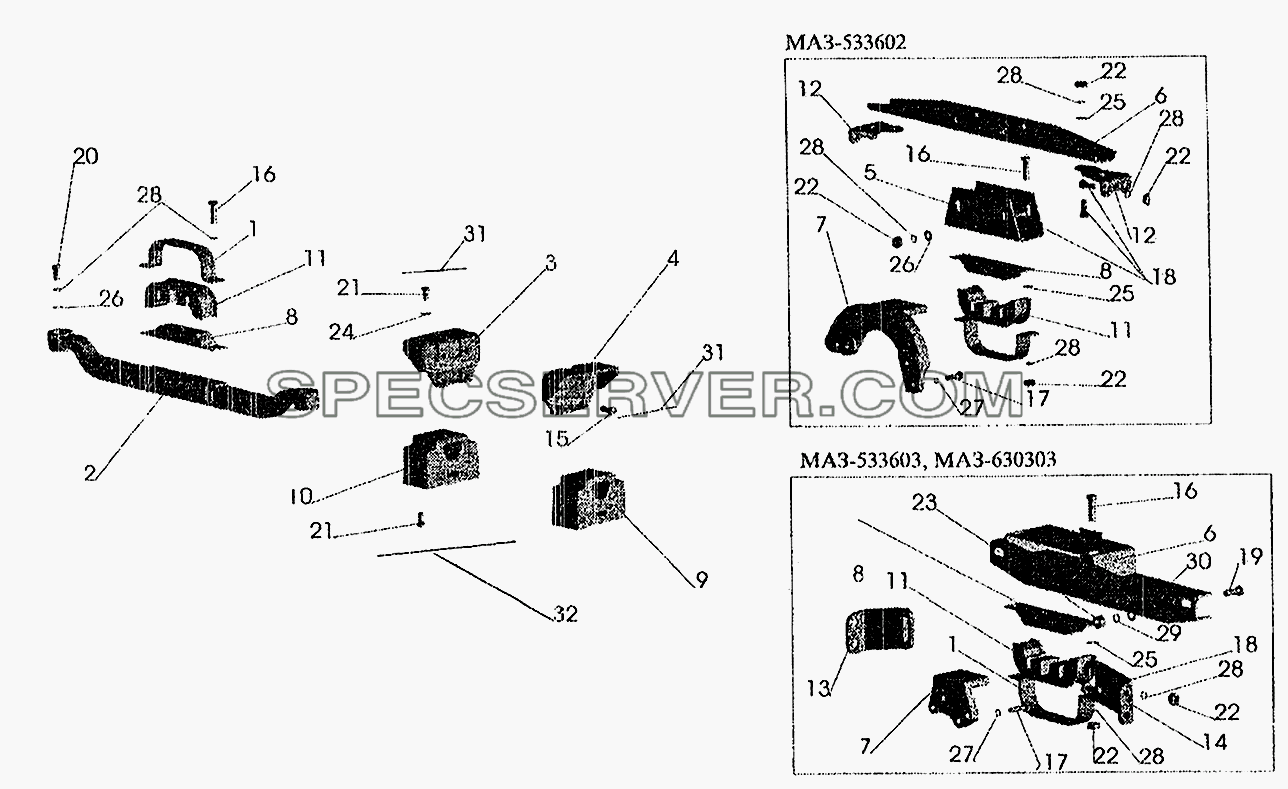 Крепление двигателя на автомобилях МАЗ-533602, МАЗ-533603, МАЗ-630303 для МАЗ-6303 (2005) (список запасных частей)