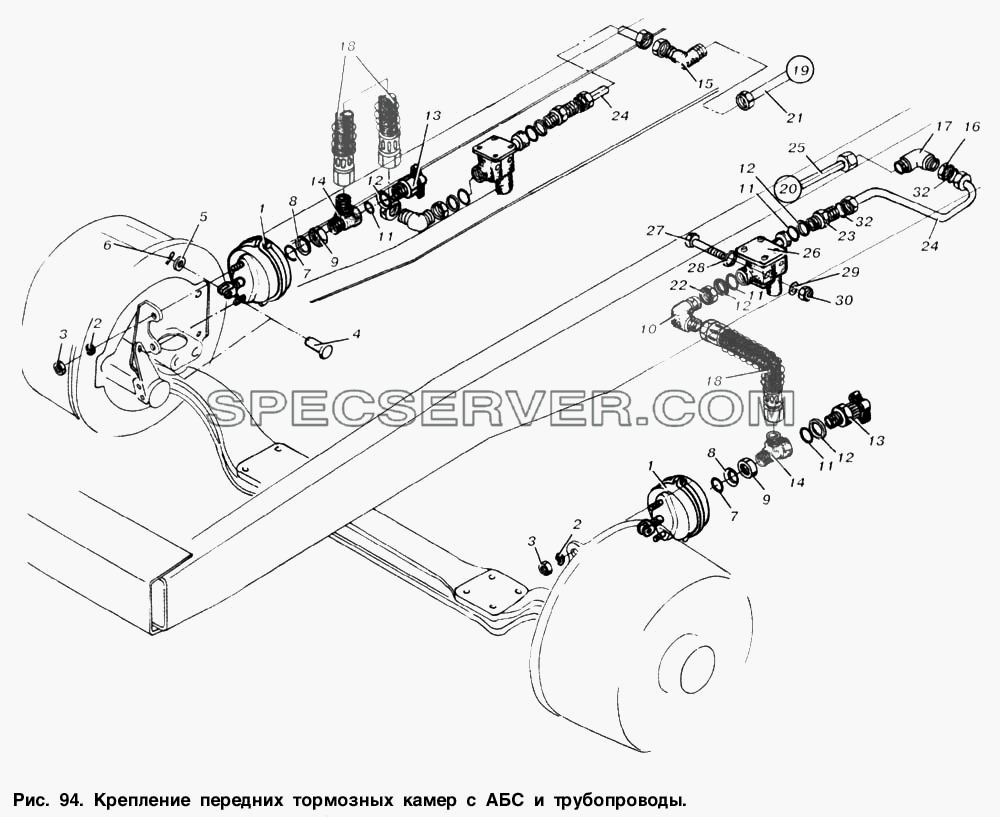 Крепление передних тормозных камер с АБС для МАЗ-6303 (список запасных частей)