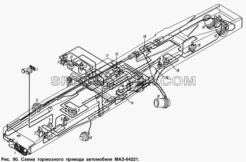 Схема тормозного привода автомобиля МАЗ-64221 для МАЗ-64221 (список запасных частей)