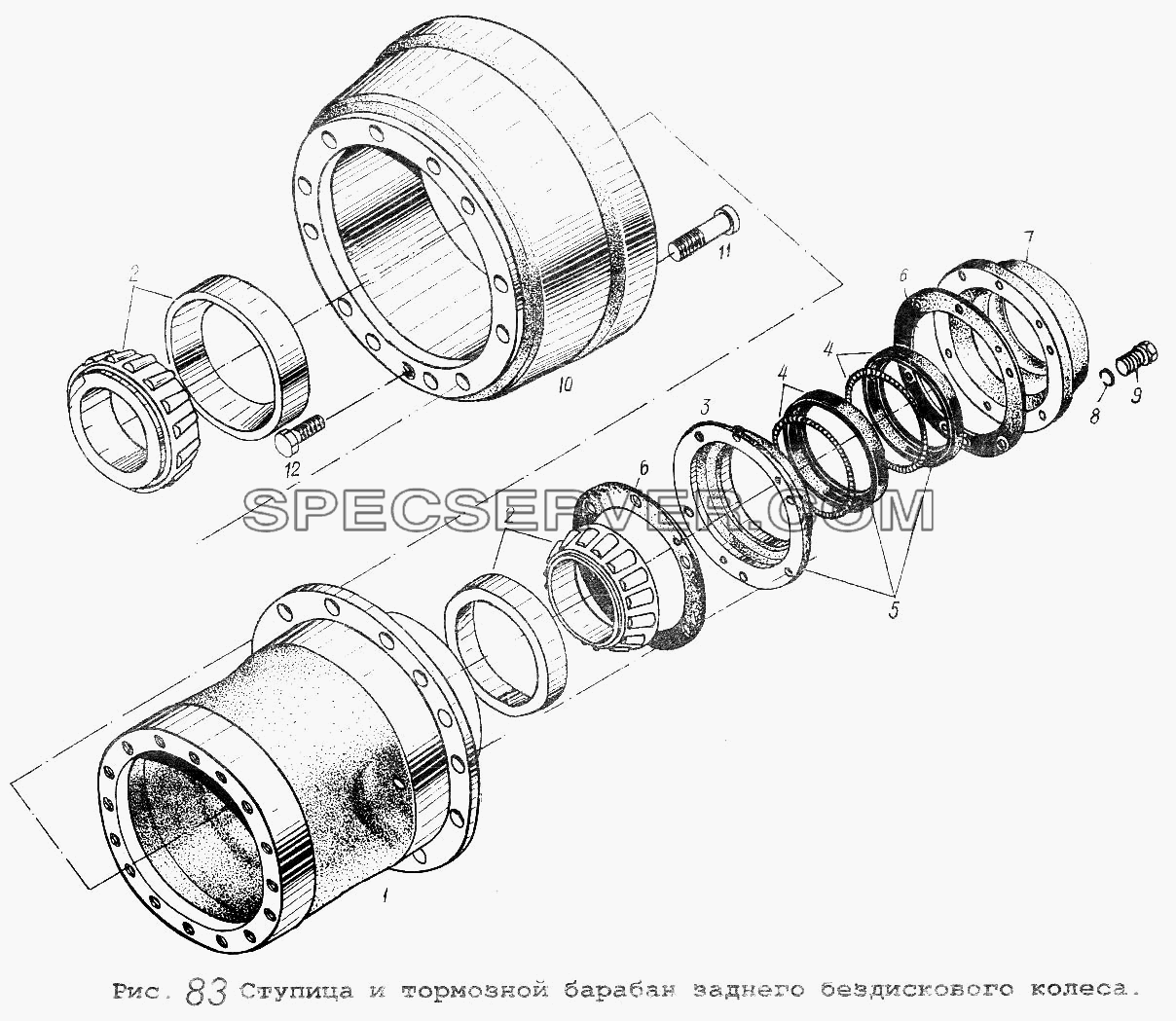Ступица и тормозной барабан заднего бездискового колеса для МАЗ-64229 (список запасных частей)