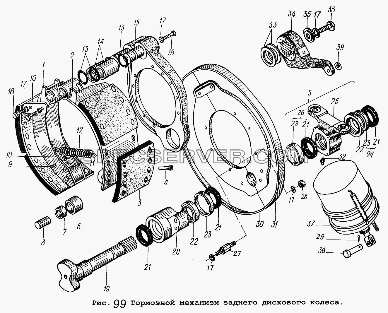 Тормозной механизм заднего дискового колеса для МАЗ-64229 (список запасных частей)