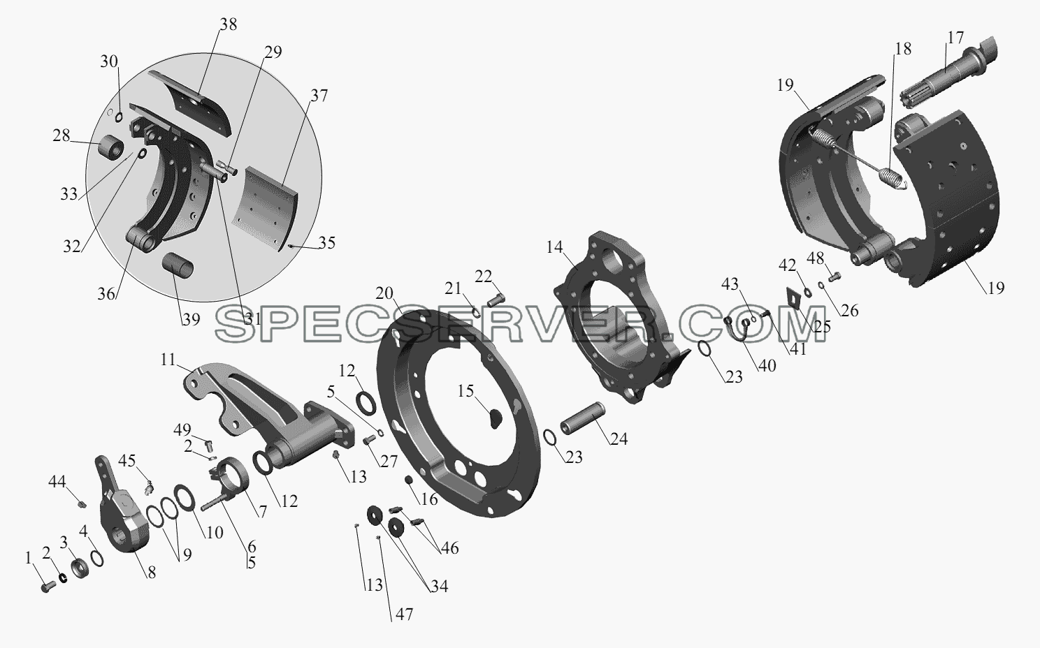 Тормозной механизм передних колес 152-3501004 (152-3501005) для МАЗ-6422, 5432 (список запасных частей)