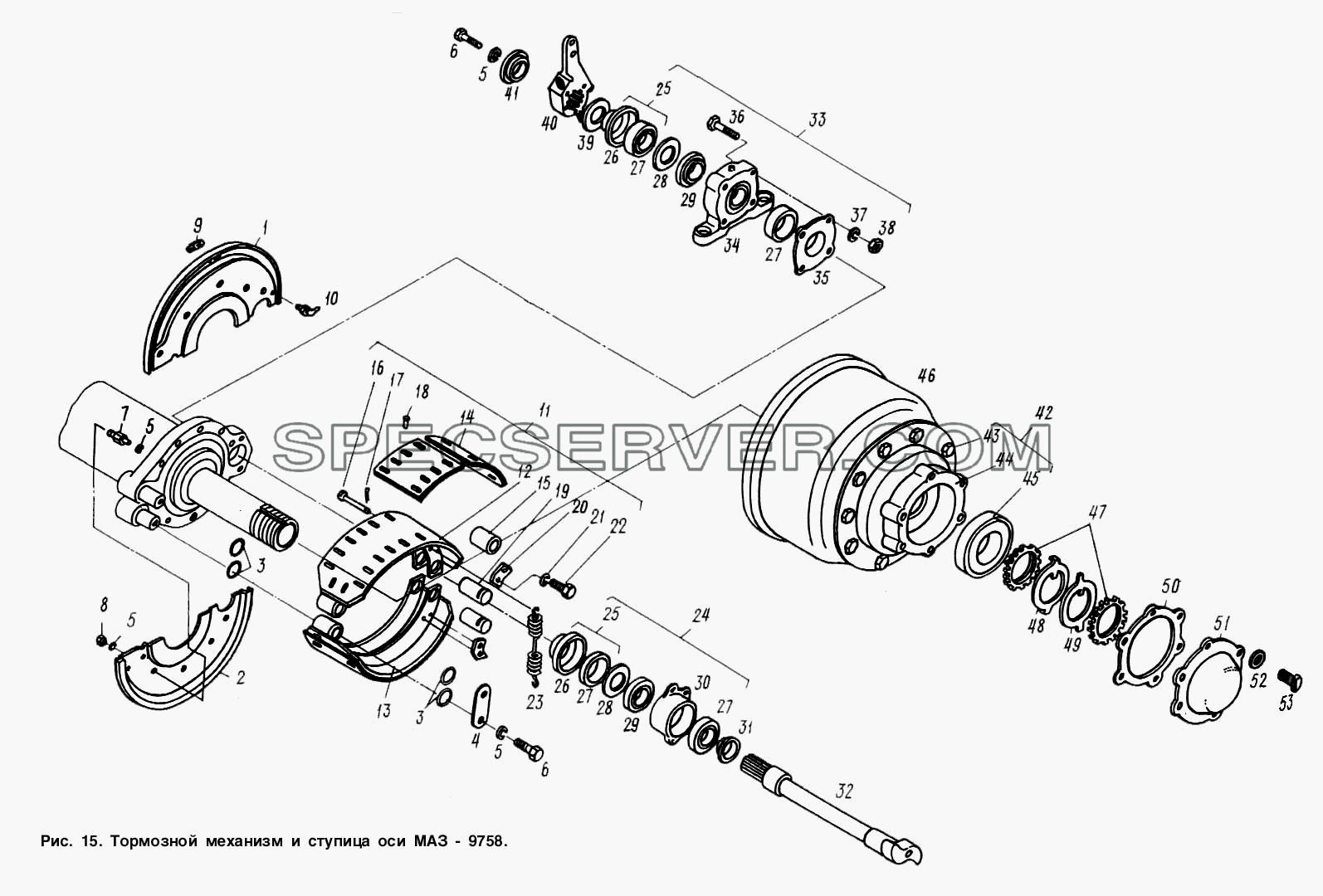 Тормозной механизм и ступица оси МАЗ-9758 для МАЗ-9758-30 (список запасных частей)